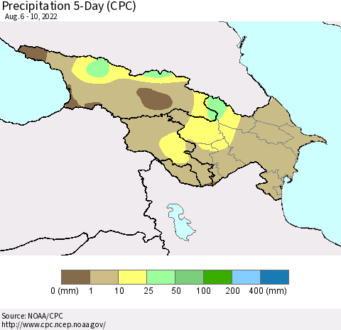 Azerbaijan, Armenia and Georgia Precipitation 5-Day (CPC) Thematic Map For 8/6/2022 - 8/10/2022