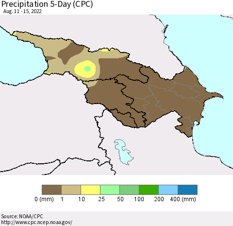 Azerbaijan, Armenia and Georgia Precipitation 5-Day (CPC) Thematic Map For 8/11/2022 - 8/15/2022