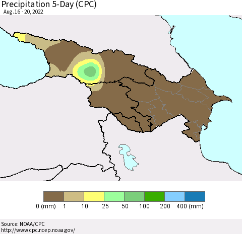 Azerbaijan, Armenia and Georgia Precipitation 5-Day (CPC) Thematic Map For 8/16/2022 - 8/20/2022