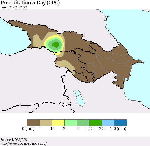 Azerbaijan, Armenia and Georgia Precipitation 5-Day (CPC) Thematic Map For 8/21/2022 - 8/25/2022