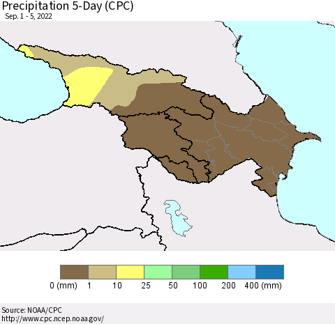 Azerbaijan, Armenia and Georgia Precipitation 5-Day (CPC) Thematic Map For 9/1/2022 - 9/5/2022