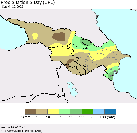 Azerbaijan, Armenia and Georgia Precipitation 5-Day (CPC) Thematic Map For 9/6/2022 - 9/10/2022