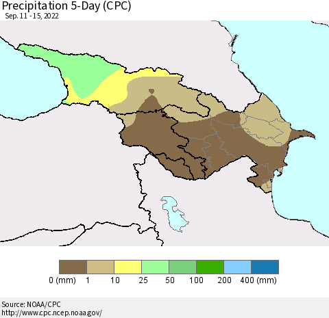 Azerbaijan, Armenia and Georgia Precipitation 5-Day (CPC) Thematic Map For 9/11/2022 - 9/15/2022