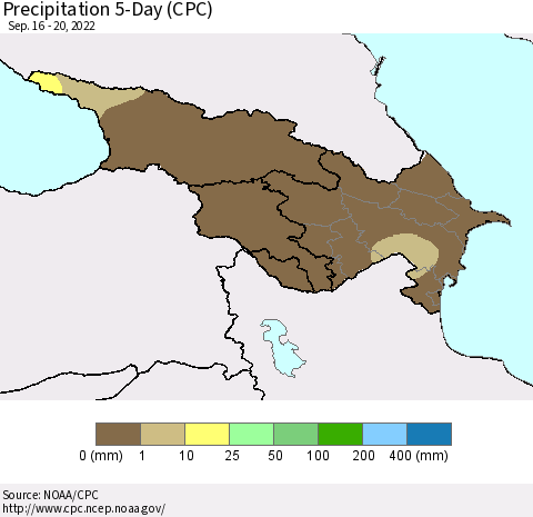 Azerbaijan, Armenia and Georgia Precipitation 5-Day (CPC) Thematic Map For 9/16/2022 - 9/20/2022