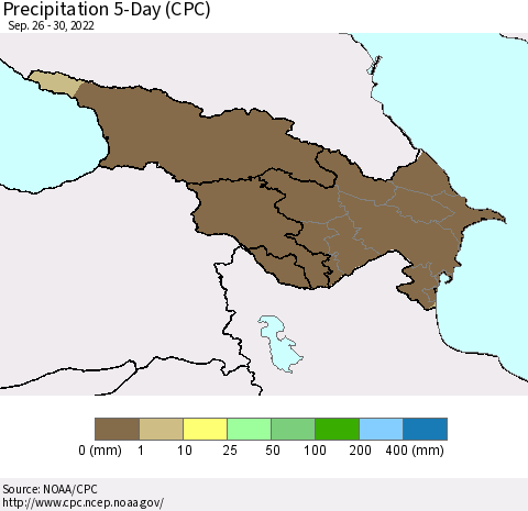 Azerbaijan, Armenia and Georgia Precipitation 5-Day (CPC) Thematic Map For 9/26/2022 - 9/30/2022
