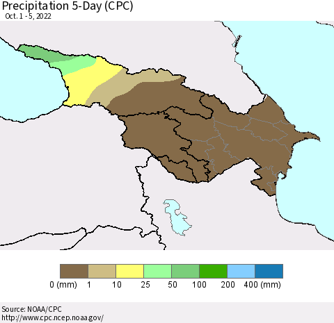 Azerbaijan, Armenia and Georgia Precipitation 5-Day (CPC) Thematic Map For 10/1/2022 - 10/5/2022