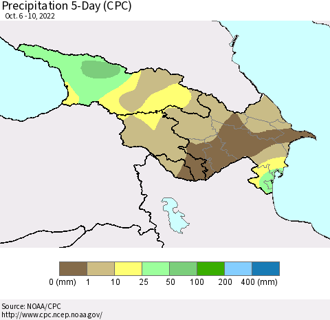 Azerbaijan, Armenia and Georgia Precipitation 5-Day (CPC) Thematic Map For 10/6/2022 - 10/10/2022