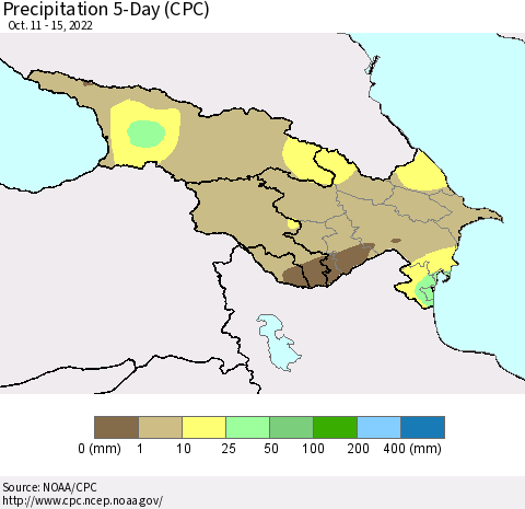 Azerbaijan, Armenia and Georgia Precipitation 5-Day (CPC) Thematic Map For 10/11/2022 - 10/15/2022