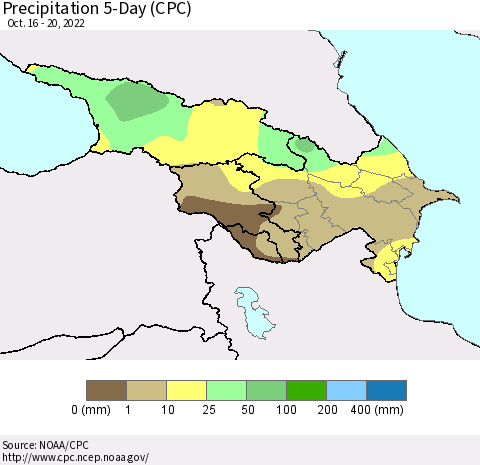 Azerbaijan, Armenia and Georgia Precipitation 5-Day (CPC) Thematic Map For 10/16/2022 - 10/20/2022