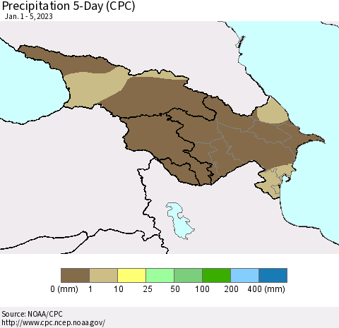 Azerbaijan, Armenia and Georgia Precipitation 5-Day (CPC) Thematic Map For 1/1/2023 - 1/5/2023