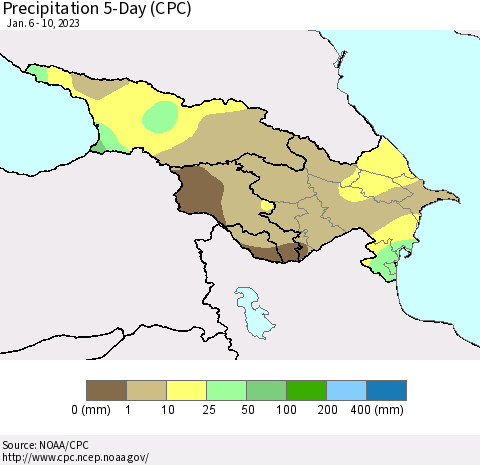 Azerbaijan, Armenia and Georgia Precipitation 5-Day (CPC) Thematic Map For 1/6/2023 - 1/10/2023