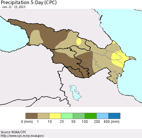 Azerbaijan, Armenia and Georgia Precipitation 5-Day (CPC) Thematic Map For 1/11/2023 - 1/15/2023