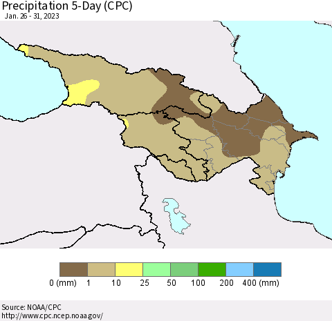 Azerbaijan, Armenia and Georgia Precipitation 5-Day (CPC) Thematic Map For 1/26/2023 - 1/31/2023