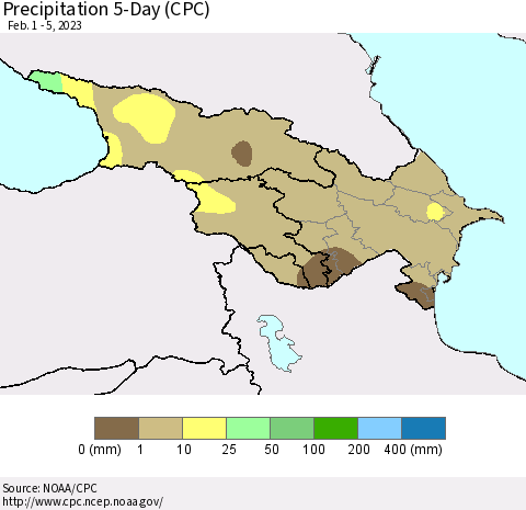 Azerbaijan, Armenia and Georgia Precipitation 5-Day (CPC) Thematic Map For 2/1/2023 - 2/5/2023