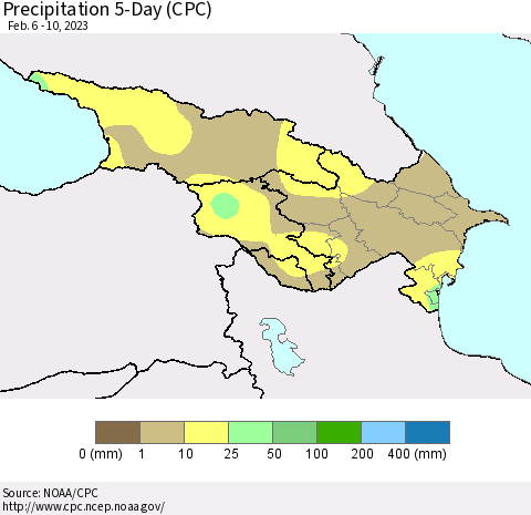 Azerbaijan, Armenia and Georgia Precipitation 5-Day (CPC) Thematic Map For 2/6/2023 - 2/10/2023