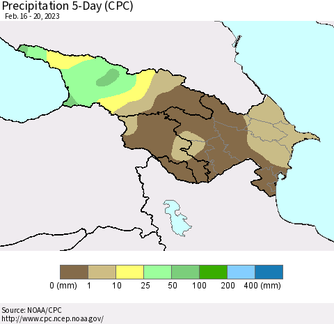 Azerbaijan, Armenia and Georgia Precipitation 5-Day (CPC) Thematic Map For 2/16/2023 - 2/20/2023