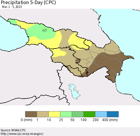 Azerbaijan, Armenia and Georgia Precipitation 5-Day (CPC) Thematic Map For 3/1/2023 - 3/5/2023