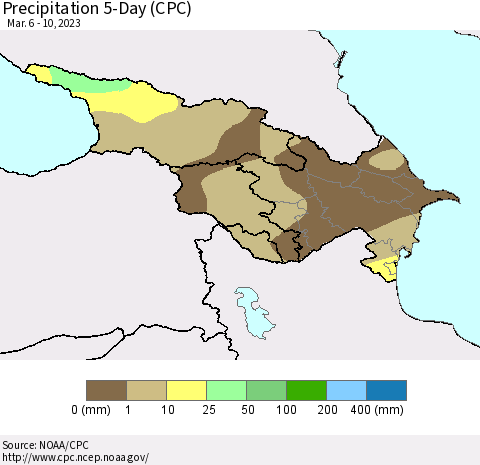 Azerbaijan, Armenia and Georgia Precipitation 5-Day (CPC) Thematic Map For 3/6/2023 - 3/10/2023