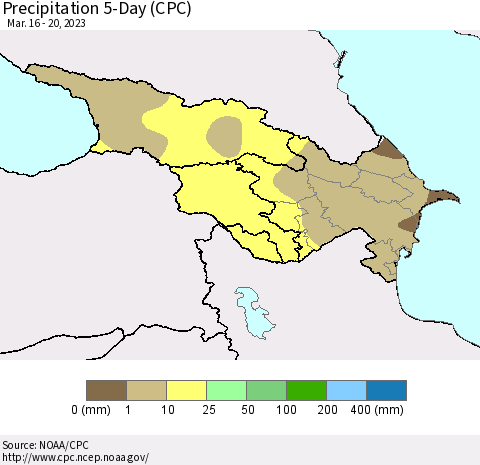 Azerbaijan, Armenia and Georgia Precipitation 5-Day (CPC) Thematic Map For 3/16/2023 - 3/20/2023