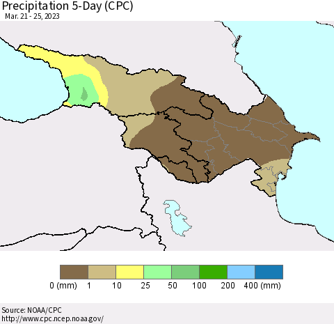 Azerbaijan, Armenia and Georgia Precipitation 5-Day (CPC) Thematic Map For 3/21/2023 - 3/25/2023