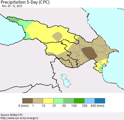 Azerbaijan, Armenia and Georgia Precipitation 5-Day (CPC) Thematic Map For 3/26/2023 - 3/31/2023