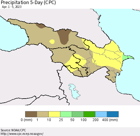 Azerbaijan, Armenia and Georgia Precipitation 5-Day (CPC) Thematic Map For 4/1/2023 - 4/5/2023