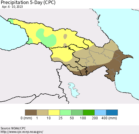 Azerbaijan, Armenia and Georgia Precipitation 5-Day (CPC) Thematic Map For 4/6/2023 - 4/10/2023