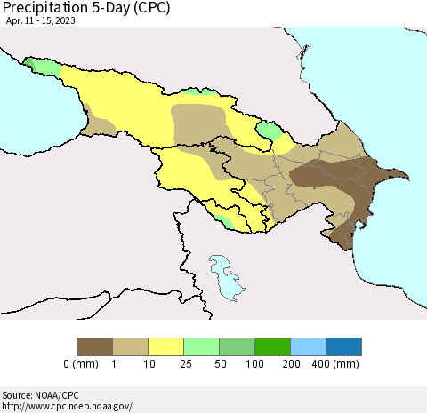 Azerbaijan, Armenia and Georgia Precipitation 5-Day (CPC) Thematic Map For 4/11/2023 - 4/15/2023