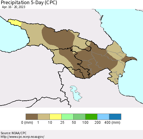 Azerbaijan, Armenia and Georgia Precipitation 5-Day (CPC) Thematic Map For 4/16/2023 - 4/20/2023