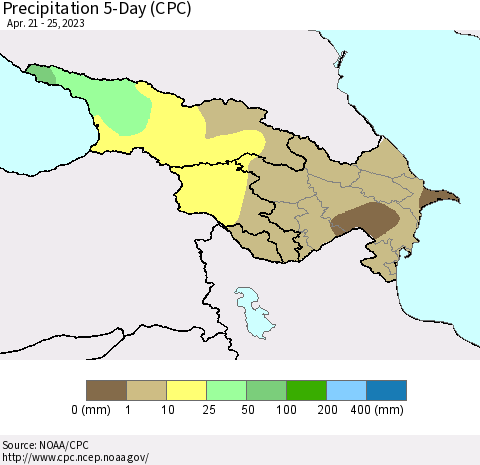 Azerbaijan, Armenia and Georgia Precipitation 5-Day (CPC) Thematic Map For 4/21/2023 - 4/25/2023