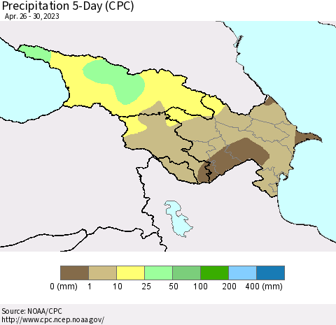 Azerbaijan, Armenia and Georgia Precipitation 5-Day (CPC) Thematic Map For 4/26/2023 - 4/30/2023