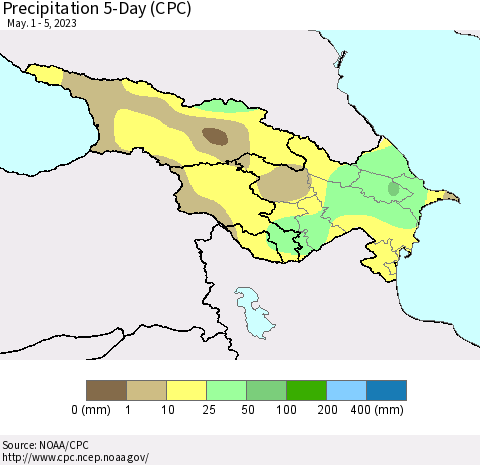 Azerbaijan, Armenia and Georgia Precipitation 5-Day (CPC) Thematic Map For 5/1/2023 - 5/5/2023