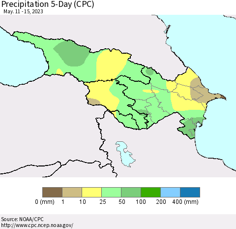 Azerbaijan, Armenia and Georgia Precipitation 5-Day (CPC) Thematic Map For 5/11/2023 - 5/15/2023