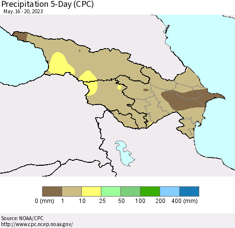 Azerbaijan, Armenia and Georgia Precipitation 5-Day (CPC) Thematic Map For 5/16/2023 - 5/20/2023