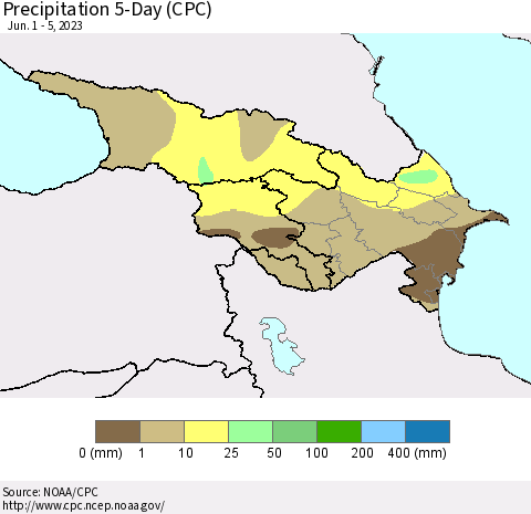 Azerbaijan, Armenia and Georgia Precipitation 5-Day (CPC) Thematic Map For 6/1/2023 - 6/5/2023