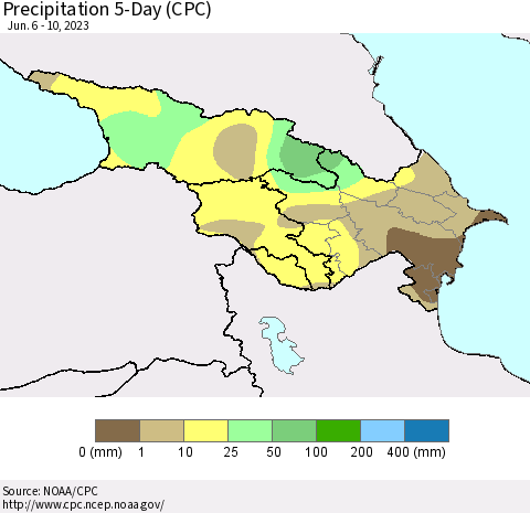 Azerbaijan, Armenia and Georgia Precipitation 5-Day (CPC) Thematic Map For 6/6/2023 - 6/10/2023