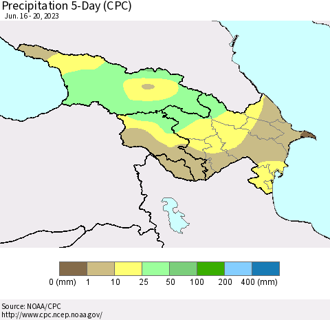 Azerbaijan, Armenia and Georgia Precipitation 5-Day (CPC) Thematic Map For 6/16/2023 - 6/20/2023