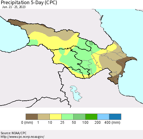 Azerbaijan, Armenia and Georgia Precipitation 5-Day (CPC) Thematic Map For 6/21/2023 - 6/25/2023
