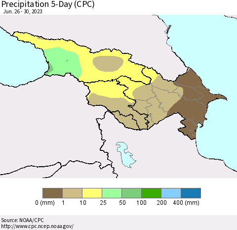 Azerbaijan, Armenia and Georgia Precipitation 5-Day (CPC) Thematic Map For 6/26/2023 - 6/30/2023