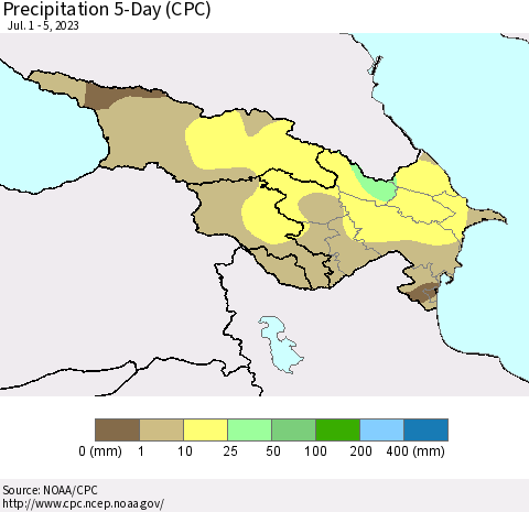 Azerbaijan, Armenia and Georgia Precipitation 5-Day (CPC) Thematic Map For 7/1/2023 - 7/5/2023