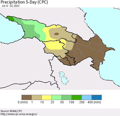 Azerbaijan, Armenia and Georgia Precipitation 5-Day (CPC) Thematic Map For 7/6/2023 - 7/10/2023