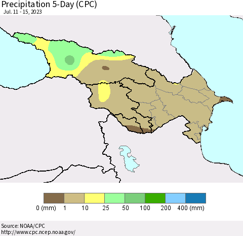 Azerbaijan, Armenia and Georgia Precipitation 5-Day (CPC) Thematic Map For 7/11/2023 - 7/15/2023