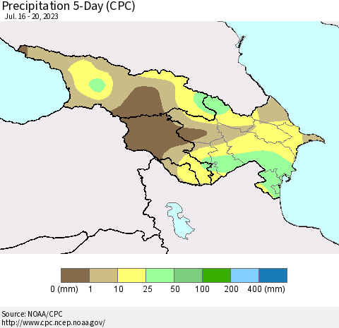 Azerbaijan, Armenia and Georgia Precipitation 5-Day (CPC) Thematic Map For 7/16/2023 - 7/20/2023