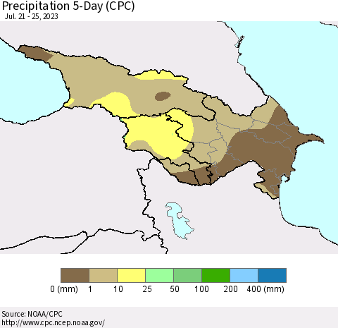Azerbaijan, Armenia and Georgia Precipitation 5-Day (CPC) Thematic Map For 7/21/2023 - 7/25/2023