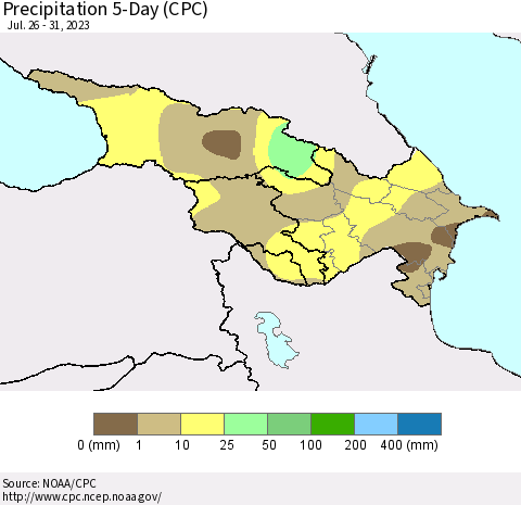 Azerbaijan, Armenia and Georgia Precipitation 5-Day (CPC) Thematic Map For 7/26/2023 - 7/31/2023
