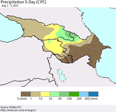 Azerbaijan, Armenia and Georgia Precipitation 5-Day (CPC) Thematic Map For 8/1/2023 - 8/5/2023