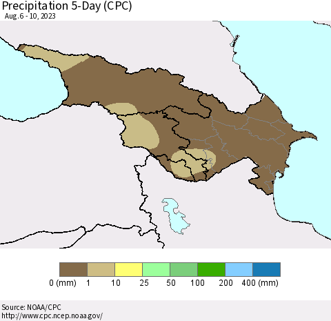 Azerbaijan, Armenia and Georgia Precipitation 5-Day (CPC) Thematic Map For 8/6/2023 - 8/10/2023