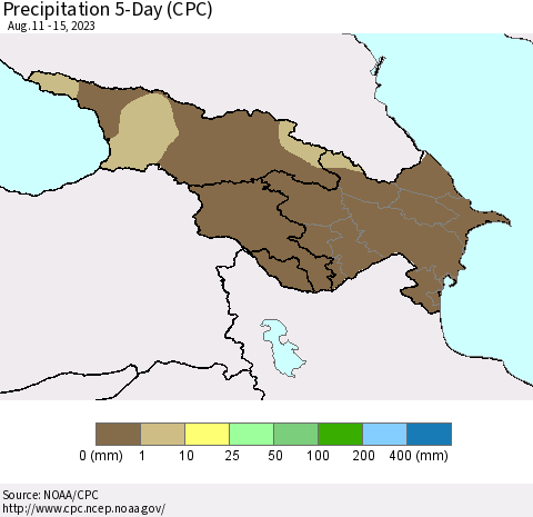 Azerbaijan, Armenia and Georgia Precipitation 5-Day (CPC) Thematic Map For 8/11/2023 - 8/15/2023