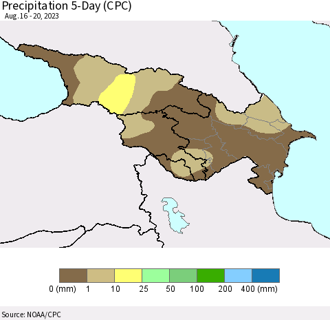 Azerbaijan, Armenia and Georgia Precipitation 5-Day (CPC) Thematic Map For 8/16/2023 - 8/20/2023