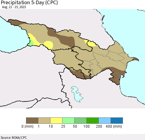 Azerbaijan, Armenia and Georgia Precipitation 5-Day (CPC) Thematic Map For 8/21/2023 - 8/25/2023